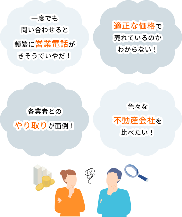 各業者とのやり取りが面倒！ / 一度でも問い合わせると頻繁に営業電話がきそうでいやだ！ / 適正な価格で売れているのかわからない！ / 色々な不動産会社を比べたい！